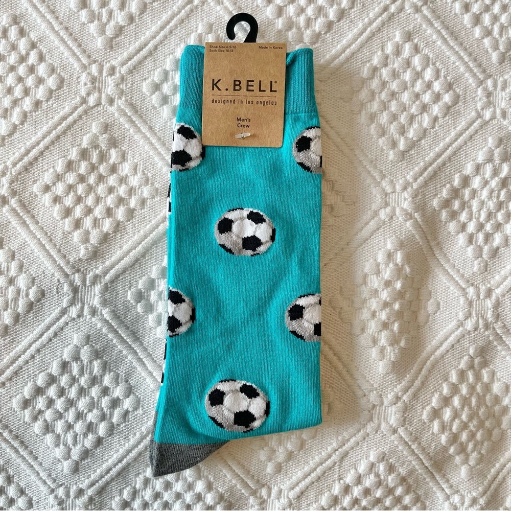 NWT K Bell turquoise blue dress socks with soccer balls pattern